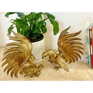 Vintage Solid Brass Rooster Figurines Set Large Heavy Farmhouse Decor Hollywood
